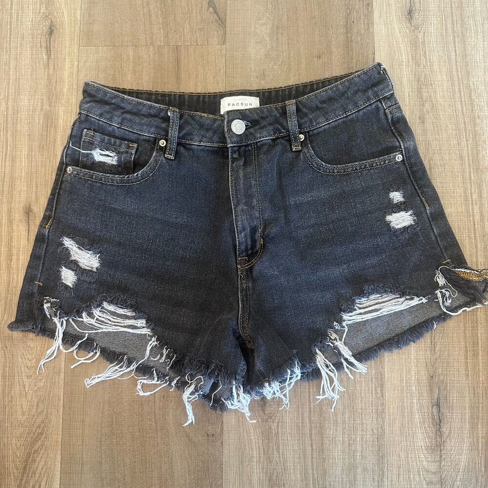 Pacsun Womens Denim High Rise Festival Shorts Black faded-washed ripped size 27